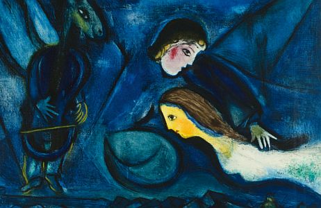 Ilustracja: Marc Chagall (1887-1985) "Niebo zakochanych", niedatowany, litografia barwna, papier 47x52 cm (fragment)