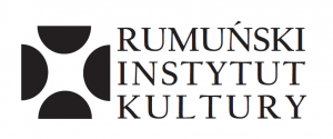 Logotyp Rumuńskiego Instytutu Kultury. Cztery półkola ustawione naprzeciwko siebie, napis Rumuński Instytut Kultury